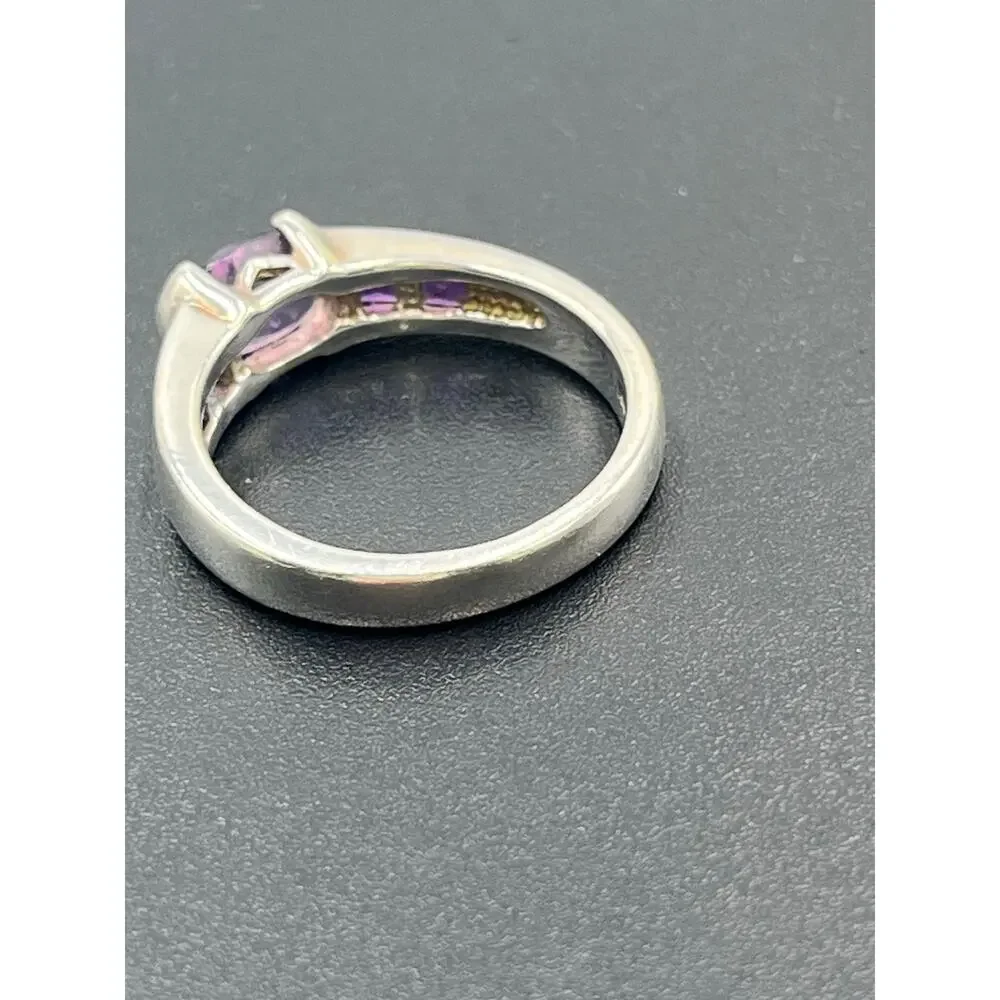 Sterling Silver 3-Stone Amethyst Oval Center‎ Stone Heart Makers Ring Size 8.25